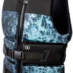 Ronix Point Break Yes CGA Vest 2023 - A black life vest with a white and blue marbled pattern on the chest area.