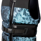 Ronix Point Break Yes CGA Vest 2023 - A black life vest with a white and blue marbled pattern on the chest area.