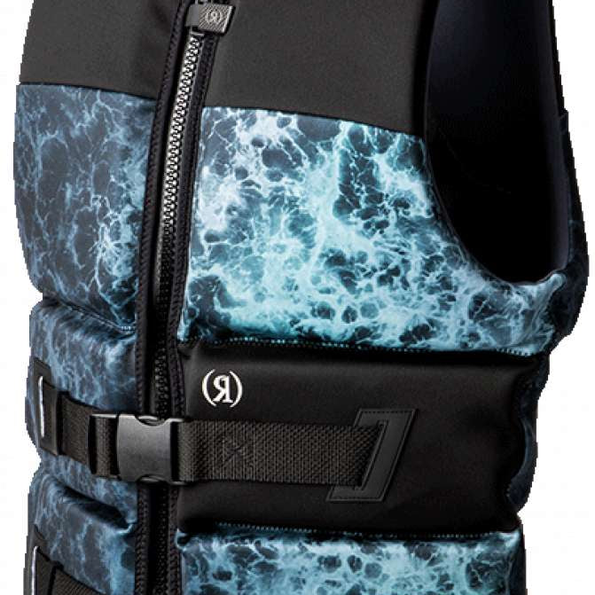 Ronix Point Break Yes CGA Vest 2023 - A black life vest with a white and blue marbled pattern on the chest area.