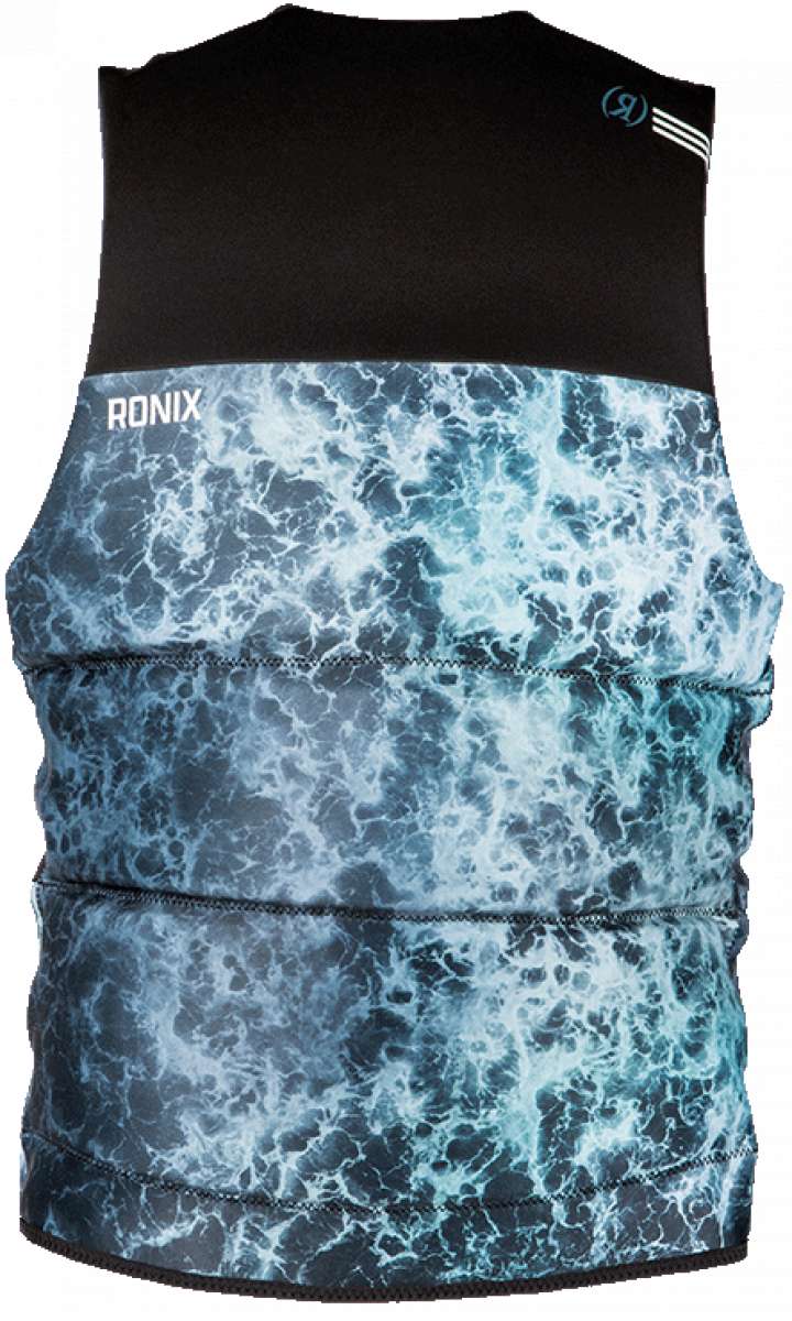 Ronix Point Break Yes CGA Vest 2023 - A black vest with a white and light blue marbled pattern on the front.