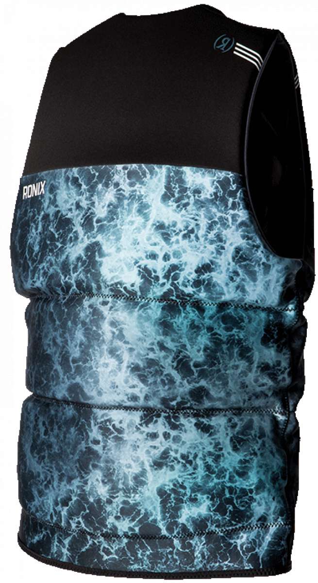 Ronix Point Break Yes CGA Vest 2023 - A black vest with a white and light blue marbled pattern on the front.