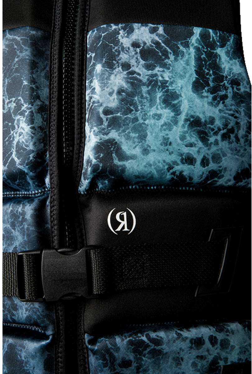 Ronix Point Break Yes CGA Vest 2023 - Black vest with white and blue marbled pattern on chest area.