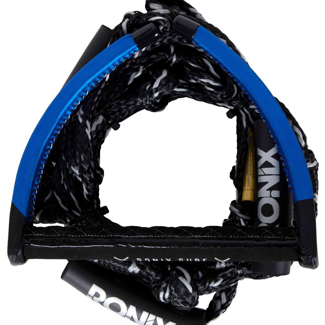 Ronix - PU bungee surf rope with handle, black and white cord wrapped around a yellow metal handle.