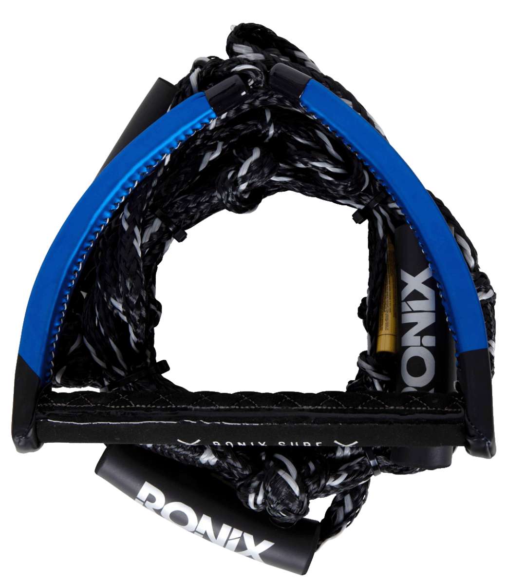 Ronix - PU bungee surf rope with handle, black and white cord wrapped around a yellow metal handle.