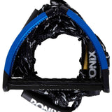 Ronix - PU bungee surf rope with handle, black and white cord wrapped around a yellow metal handle.