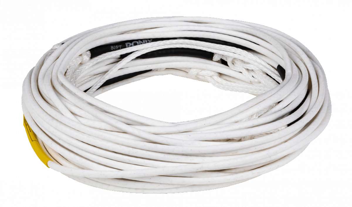 Ronix R8 Floating Mainline Rope - The rope is white with a black stripe and has a yellow tag on its left side.