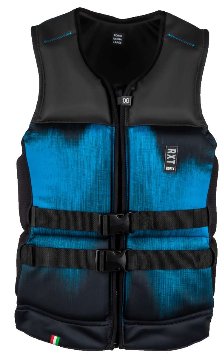 Ronix RXT Capella 3.0 CGA Wake Vest 2022 - A blue and black life vest with a textured pattern on the front, featuring a zipper down the middle.
