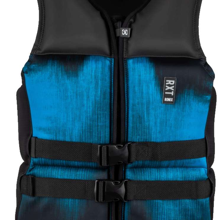 Ronix RXT Capella 3.0 CGA Wake Vest 2022 - A blue and black life vest with a textured pattern on the front, featuring a zipper down the middle.