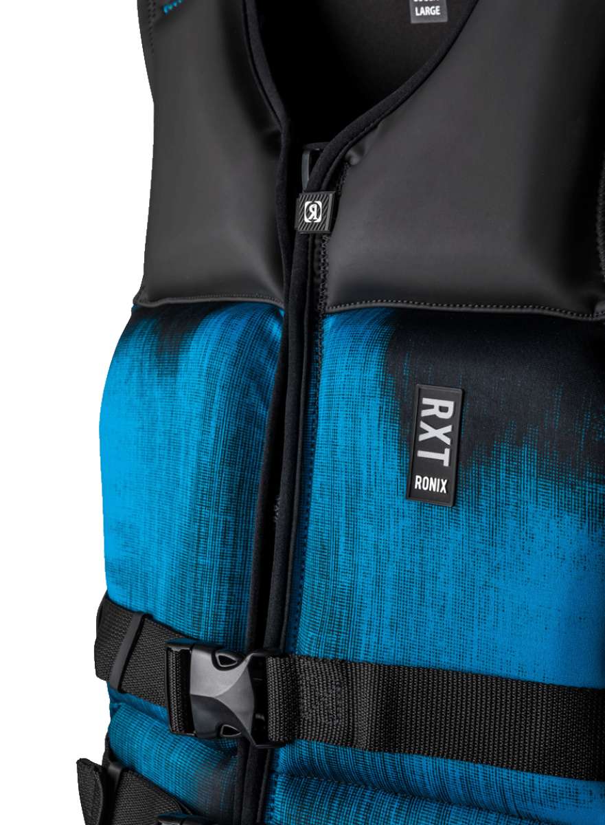 Ronix RXT Capella 3.0 CGA Wake Vest 2022 - A blue and black life vest with a textured pattern on the front, featuring a zipper down the middle.
