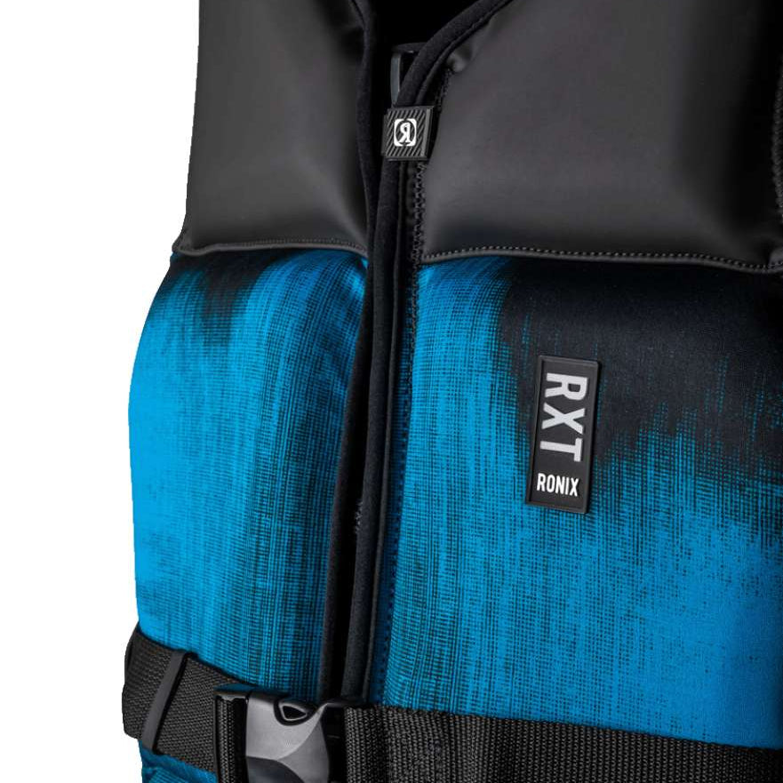 Ronix RXT Capella 3.0 CGA Wake Vest 2022 - A blue and black life vest with a textured pattern on the front, featuring a zipper down the middle.