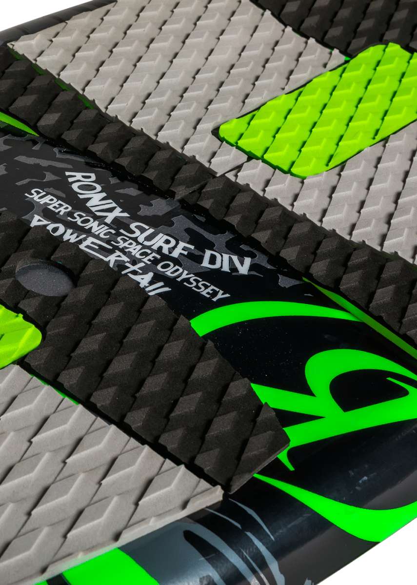 Ronix Super Sonic Space Odyssey Power Tail Wakesurf Board 2022 - A black wakesurf board with neon green accents and a distinctive pattern of gray lines on its surface.