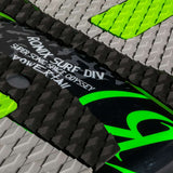 Ronix Super Sonic Space Odyssey Power Tail Wakesurf Board 2022 - A black wakesurf board with neon green accents and a distinctive pattern of gray lines on its surface.