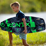 Ronix Super Sonic Space Odyssey Power Tail Wakesurf Board - A black wakesurf board with neon green accents and a space-themed design.