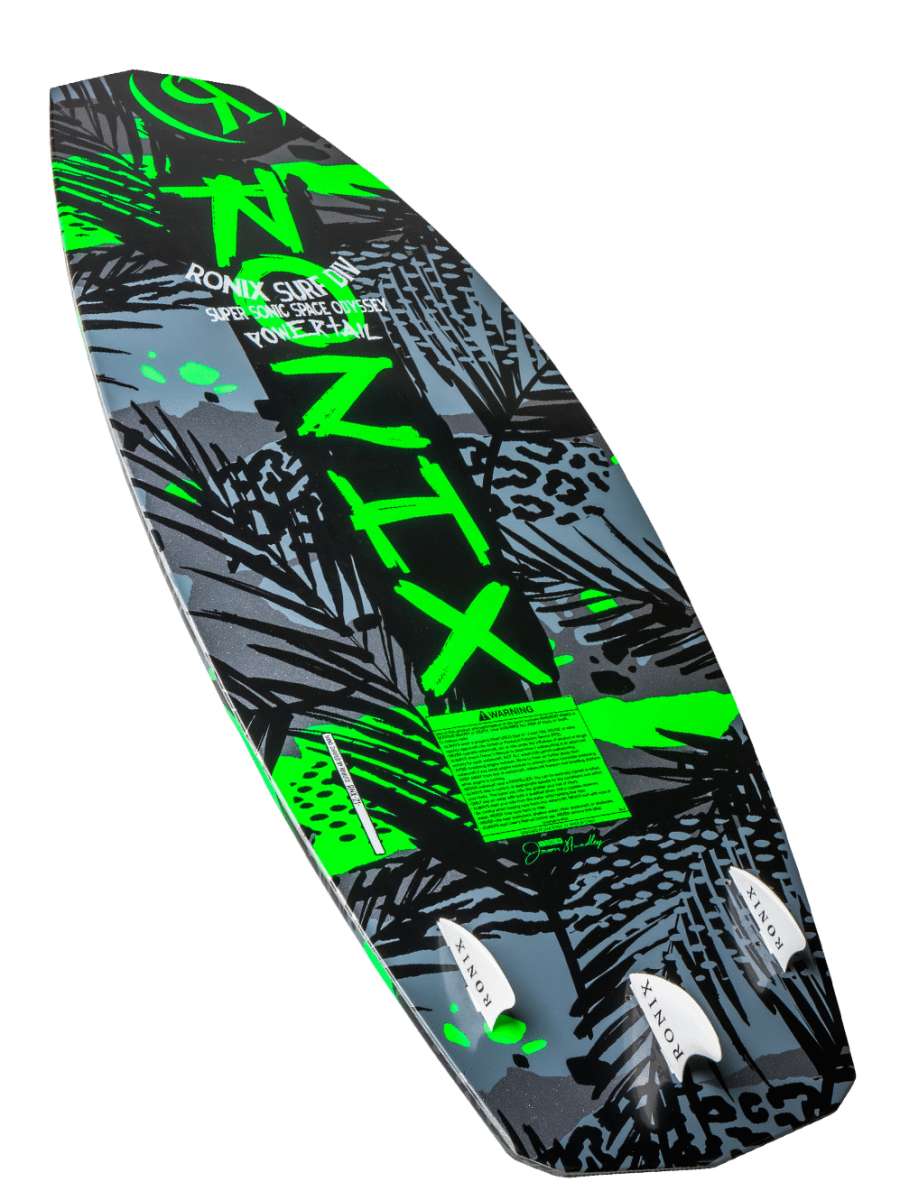 Ronix Super Sonic Space Odyssey Power Tail Wakesurf Board 2022 - A black wakesurf board with neon green accents and a space-themed design.