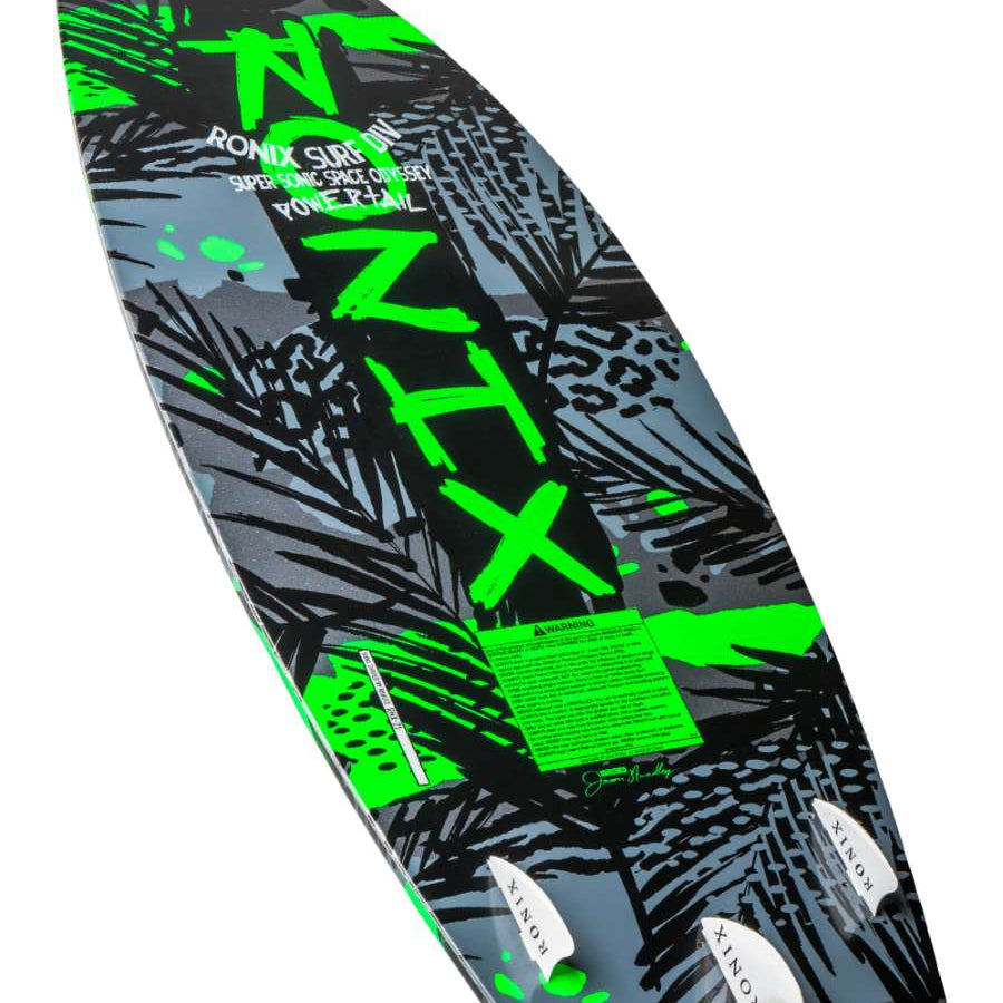 Ronix Super Sonic Space Odyssey Power Tail Wakesurf Board 2022 - A black wakesurf board with neon green accents and a space-themed design.