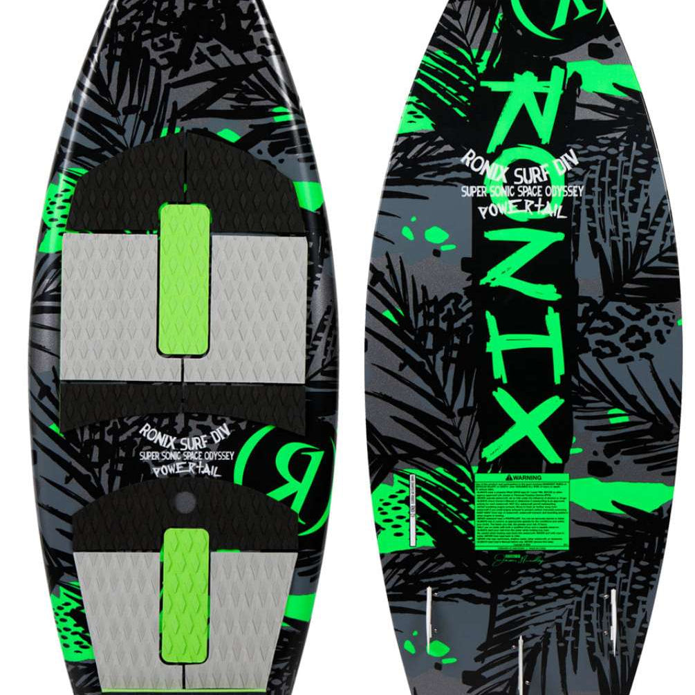 Ronix Super Sonic Space Odyssey Power Tail Wakesurf Board 2022 - A black wakesurf board with neon green accents and a gray pattern of abstract shapes.