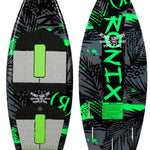 Ronix Super Sonic Space Odyssey Power Tail Wakesurf Board 2022 - A black wakesurf board with neon green accents and a gray pattern of abstract shapes.