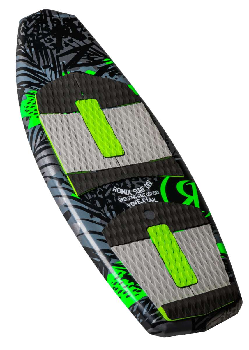 Ronix Super Sonic Space Odyssey Power Tail Wakesurf Board 2022 - A wakesurf board with a predominantly black base and neon green accents, featuring a textured surface and a distinctive "R" logo on the tail.