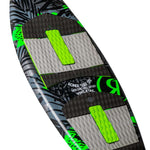 Ronix Super Sonic Space Odyssey Power Tail Wakesurf Board 2022 - A wakesurf board with a predominantly black base and neon green accents, featuring a textured surface and a distinctive "R" logo on the tail.