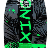 Ronix Super Sonic Space Odyssey Power Tail Wakesurf Board 2022 - A black wakesurf board with neon green accents and a leopard print pattern on top.