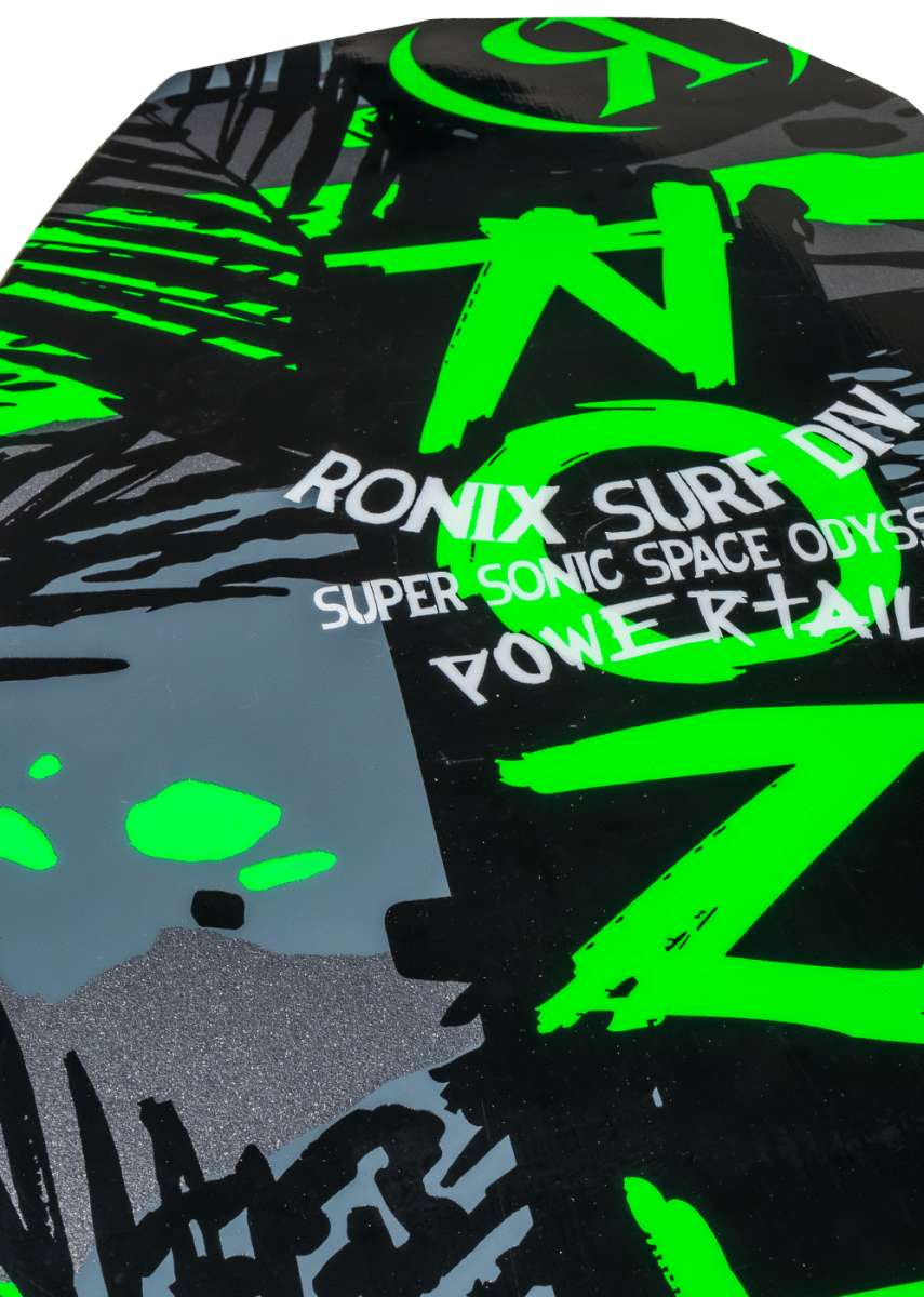 Ronix Super Sonic Space Odyssey Power Tail Wakesurf Board 2022 - A black board with neon green graphics and a gray background.