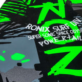 Ronix Super Sonic Space Odyssey Power Tail Wakesurf Board 2022 - A black board with neon green graphics and a gray background.