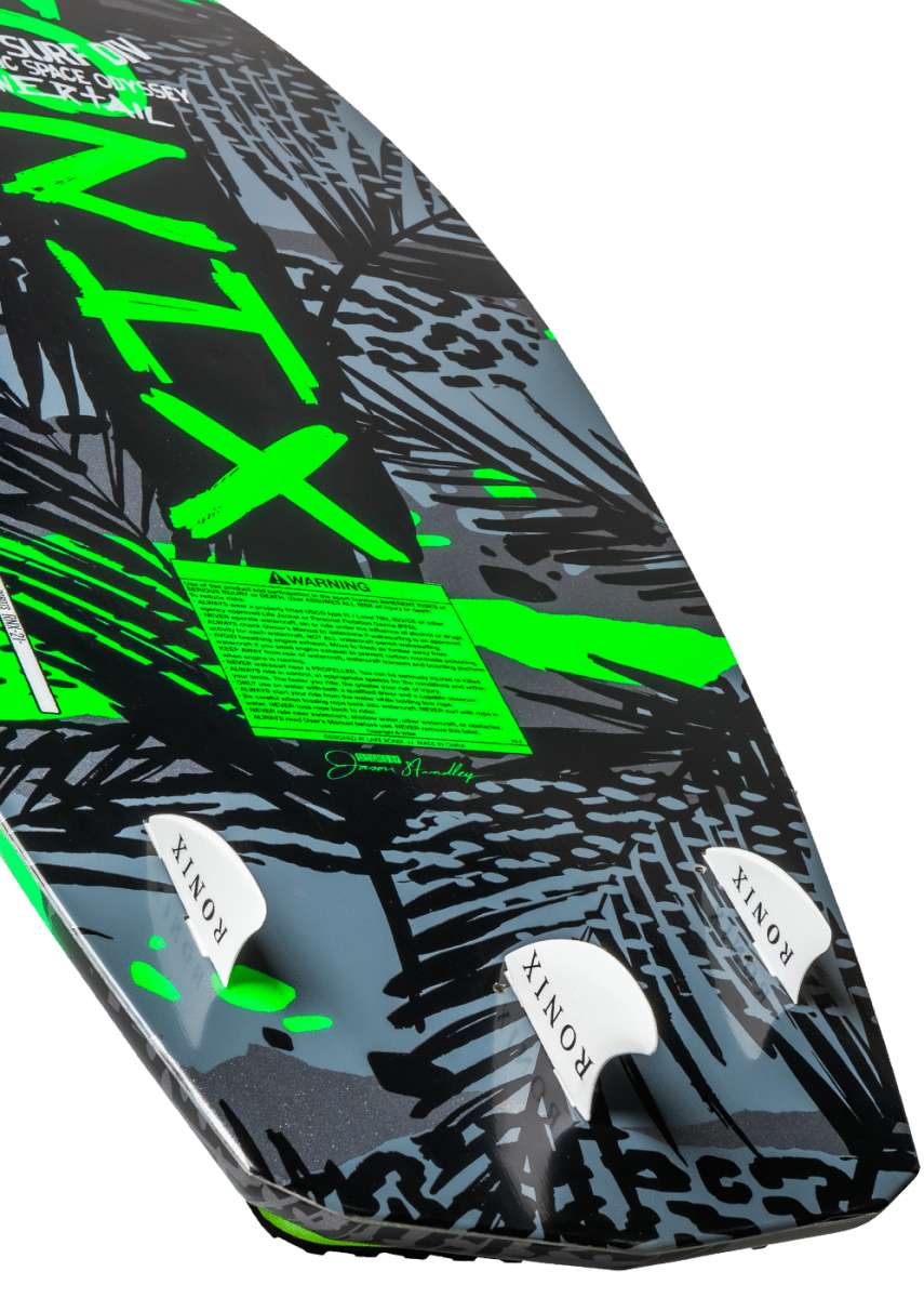 Ronix Super Sonic Space Odyssey Power Tail Wakesurf Board 2022 - A black board with neon green accents and a pattern of abstract shapes resembling stars, planets, and galaxies.