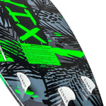 Ronix Super Sonic Space Odyssey Power Tail Wakesurf Board 2022 - A black board with neon green accents and a pattern of abstract shapes resembling stars, planets, and galaxies.