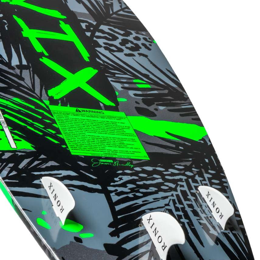 Ronix Super Sonic Space Odyssey Power Tail Wakesurf Board 2022 - A black board with neon green accents and a pattern of abstract shapes resembling stars, planets, and galaxies.