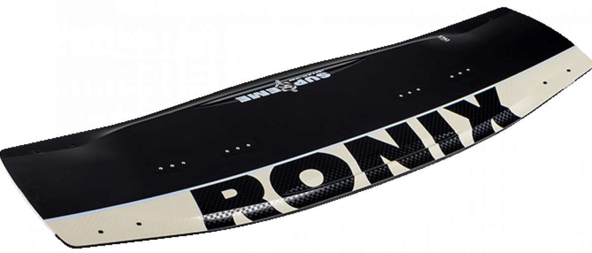 Ronix Supreme Air Core 3 Wakeboard 2023 - A black wakeboard with a white logo and text on top, featuring a carbon fiber patterned section at the bottom.