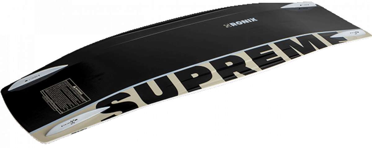 Ronix Supreme Air Core 3 Wakeboard 2023 - A black wakeboard with a white logo and text on top, featuring a tan-colored graphic along its bottom edge.
