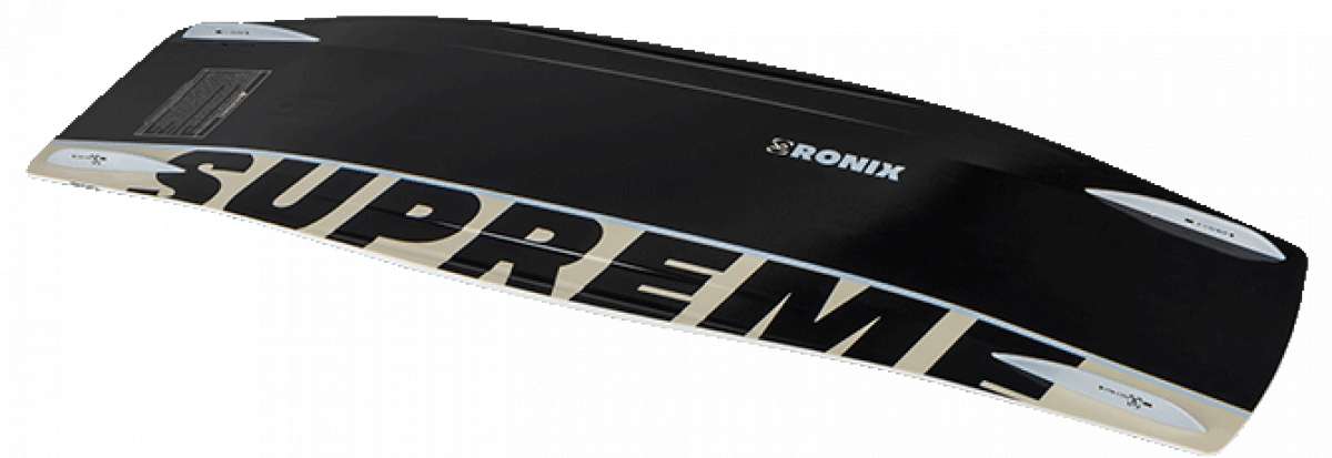Ronix Supreme Air Core 3 Wakeboard 2023 - A black wakeboard with a white logo and text on top, featuring a distinctive "Supreme" graphic along its bottom edge.