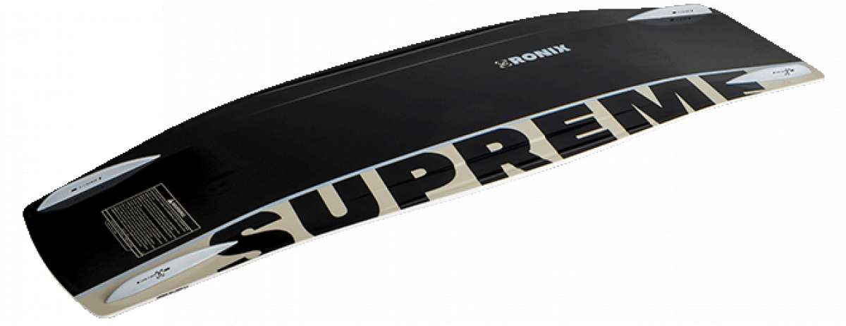 Ronix Supreme Air Core 3 Wakeboard - A black wakeboard with a white logo and "Supreme" written in large, bold letters on its side.