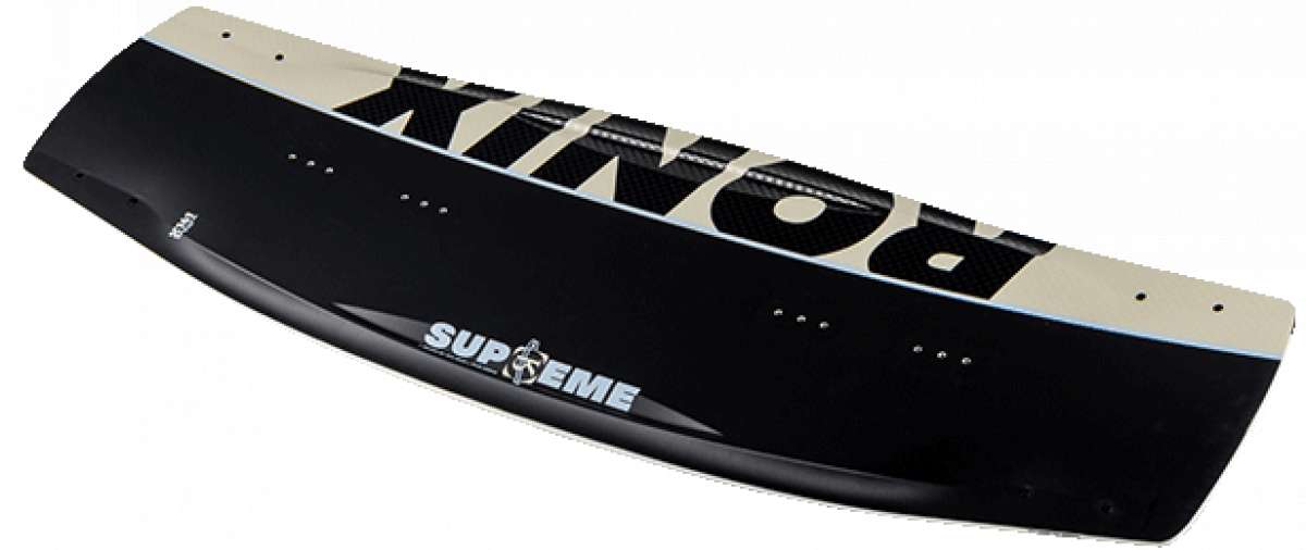 Ronix Supreme Air Core 3 Wakeboard 2023 - A black and white wakeboard with a distinctive "Supreme" logo on its top side.