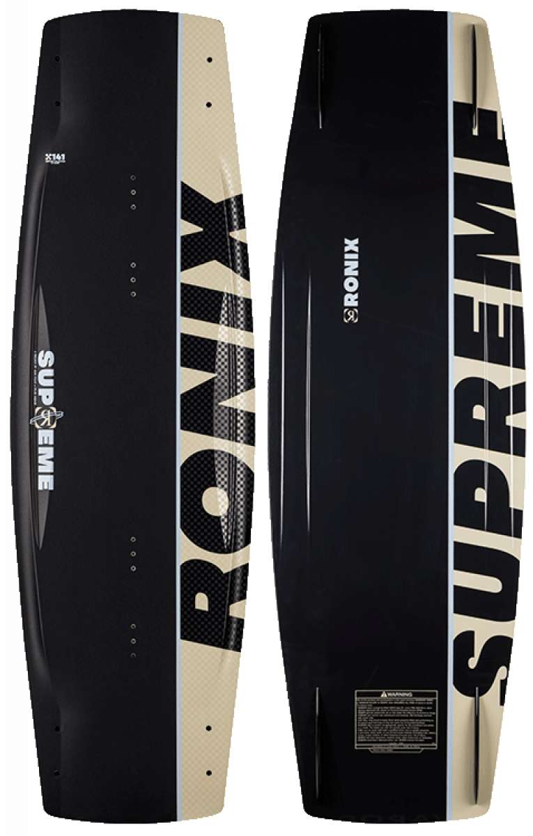 Ronix Supreme Air Core 3 Wakeboard 2023 - A black and white wakeboard with a carbon fiber pattern on the top sheet.
