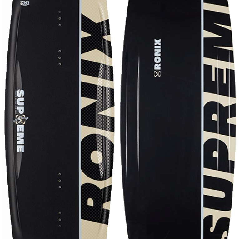 Ronix Supreme Air Core 3 Wakeboard 2023 - A black and white wakeboard with a carbon fiber pattern on the top sheet.