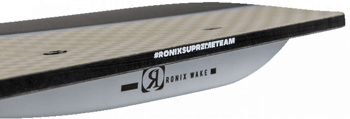 Ronix Supreme Air Core 3 Wakeboard - A tan-colored wakeboard with a black border and white lettering, featuring the "R" logo on its side.