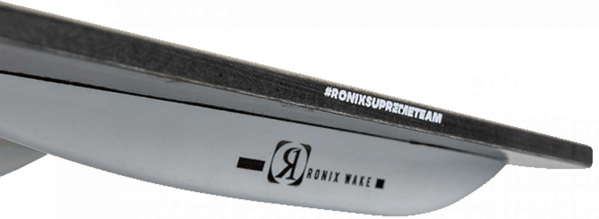 Ronix Supreme Air Core 3 Wakeboard 2023 - A white wakeboard with a black logo on its top edge and a small black square near the tip.