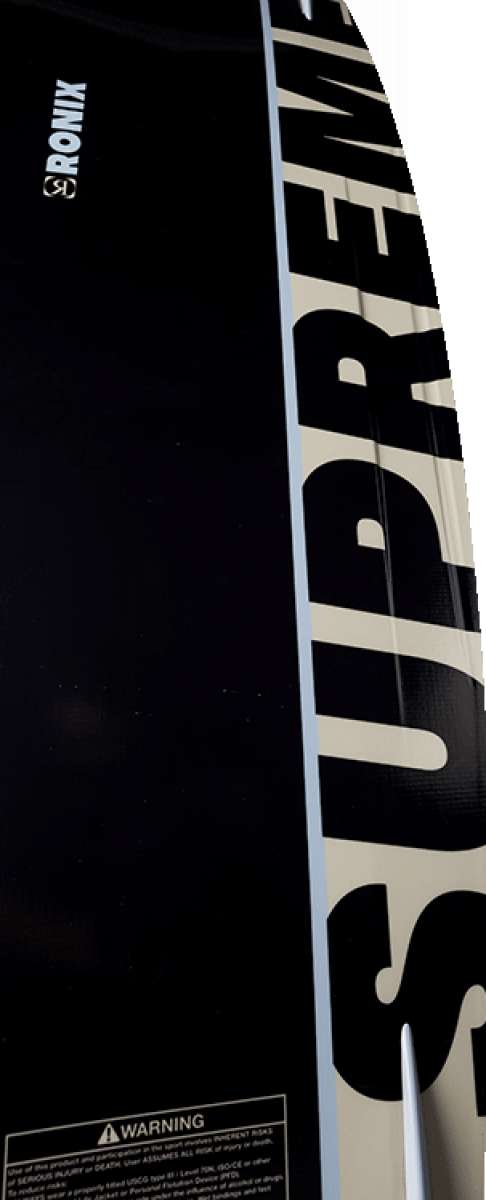 Ronix Supreme Air Core 3 Wakeboard 2023 - A black wakeboard with white lettering and a distinctive "Supreme" logo on top.