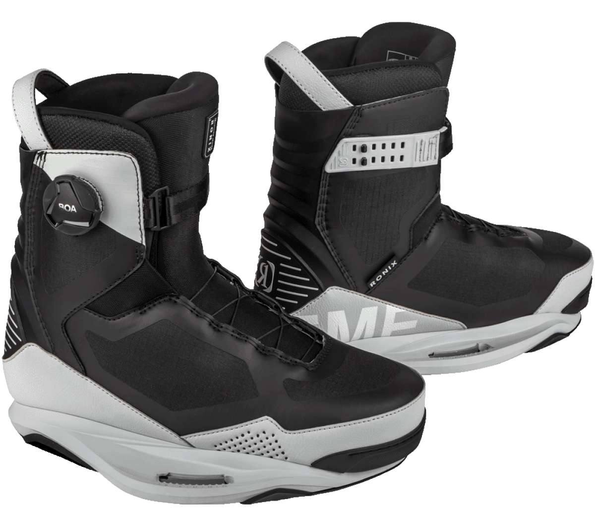 Ronix Supreme BOA Intuition+ Wake Boot 2022 - Black boots with white accents and a circular black BOA dial on the side.