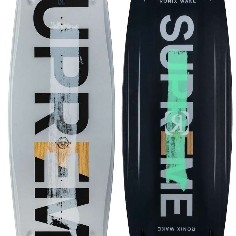 Ronix Supreme Sandwich Wakeboard 2022 - A white wakeboard with black lettering and a brown logo on top.