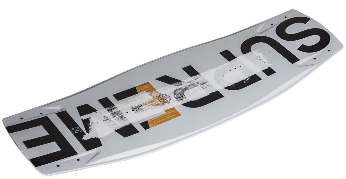 Ronix Supreme Sandwich Wakeboard 2022 - A white wakeboard with a black and gray graphic design featuring a man riding on water.