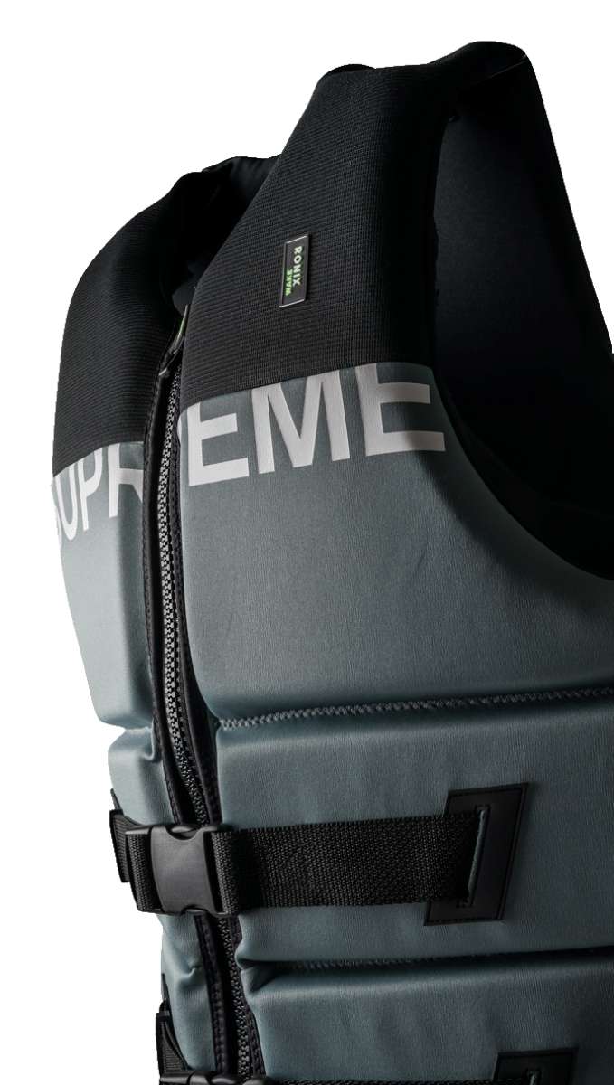 Ronix Supreme Yes CGA Wake Vest 2022 - A black life vest with white lettering and a green logo on the upper right side.