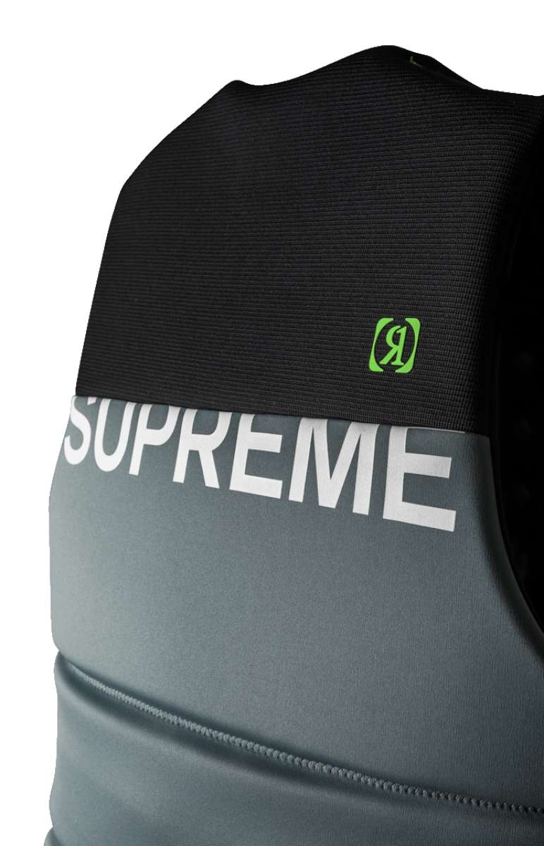 Ronix Supreme Yes CGA Wake Vest 2022 - A black vest with a green logo on the upper left side, featuring white text that reads "CGA" and "Yes".