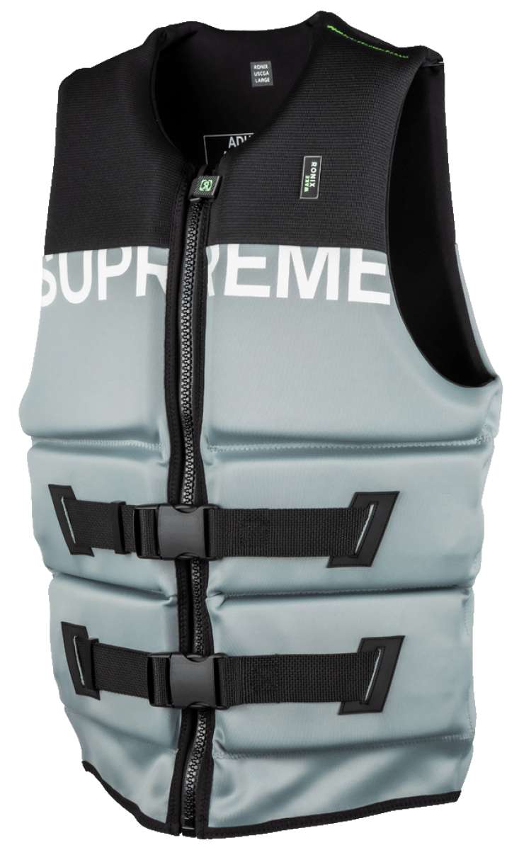 Ronix Supreme Yes CGA Wake Vest 2022 - A light blue life vest with a darker blue stripe across the top and white lettering that reads "Supreme".