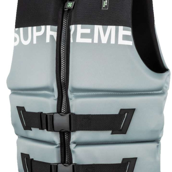 Ronix Supreme Yes CGA Wake Vest 2022 - A light blue life vest with a darker blue stripe across the top and white lettering that reads "Supreme".