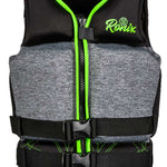 Ronix Teen's Driver's Ed Capella 3.0 CGA Wake Vest 2022 - Black vest with lime green trim and accents, featuring a geometric pattern on the chest area.