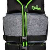 Ronix Teen's Driver's Ed Capella 3.0 CGA Wake Vest 2022 - Black vest with lime green trim and accents, featuring a geometric pattern on the chest area.
