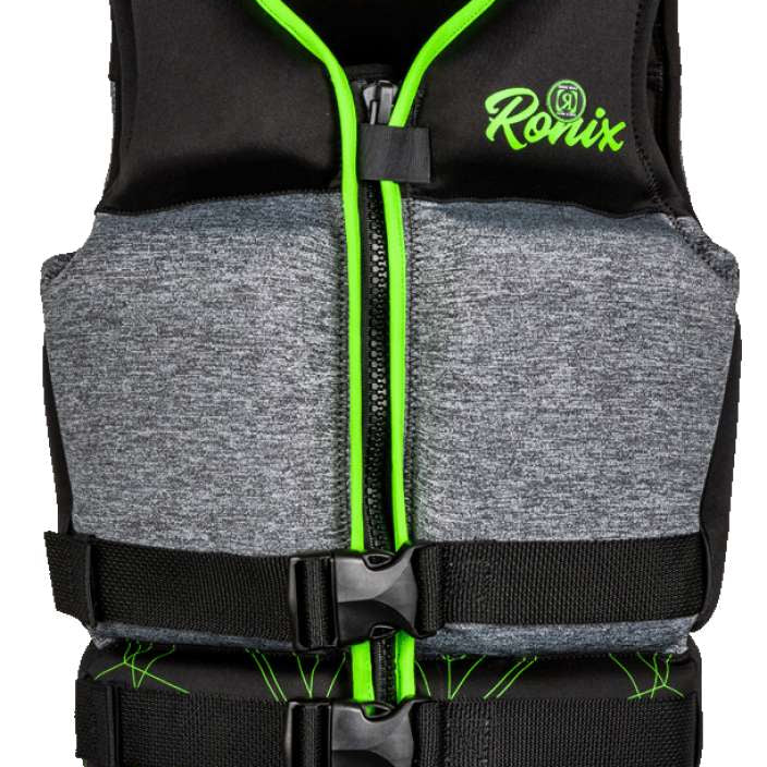 Ronix Teen's Driver's Ed Capella 3.0 CGA Wake Vest 2022 - Black vest with lime green trim and accents, featuring a geometric pattern on the chest area.