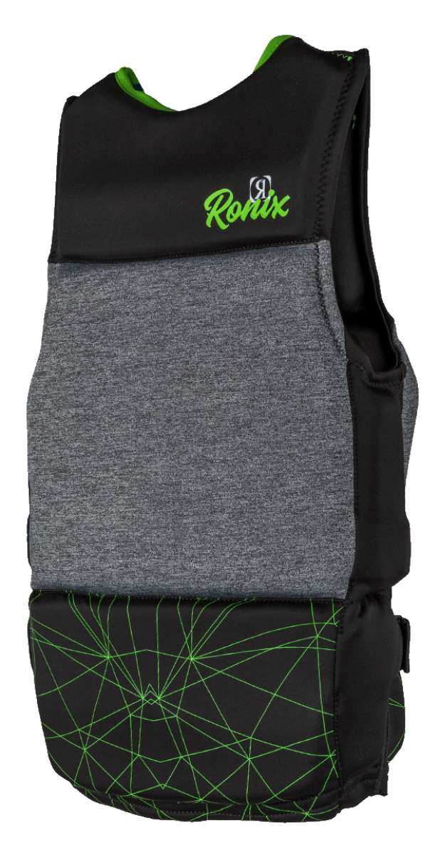 Ronix Teen's Driver's Ed Capella 3.0 CGA Wake Vest 2022 - Black vest with lime green accents and a geometric pattern on the lower portion.